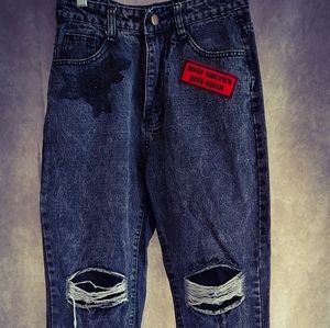 High Waisted Ripped Appliqué Trim Jeans